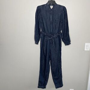 J CREW Jumpsuit Womens 2 Blue Denim Puff Sleeve NEW Cotton Linen Tie-Waist BA903